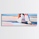Woman, Pink Dress, Ocean Waves, Framed Canvas Print, Feminine Wall Art, Romantic Beach Scene, Soft Pastel Aesthetic, Dreamy Home Decor