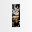 Sunset Fire Pit, Cozy Camping Decor, Lakeside Bonfire, Outdoor Wall Art, Framed Canvas Print, Rustic Lodge Art, Warm Tones, Cabin Decor