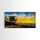 Lifeguard Tower, Sunset, Coast, Framed Canvas Print, California Beach Wall Art, Surf Decor, Vibrant Seaside Art, Coastal Home Decor