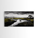 Marshland Scene, Serene Landscape, Black and White Nature Art, Modern Decor, Misty Grasslands, Living Room Artwork, Framed Canvas Print