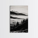 Misty Mountain, Black White Wall Art, Landscape Painting, Nature Artwork, Modern Home Decor, Minimalist Art, Framed Canvas Print