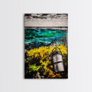 Coastal Lantern, Ocean Shore, Yellow Blue Art, Framed Canvas Print, Nautical Wall Art, Beach House Decor, Rustic Modern Art