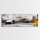 Cabin in Mountains, Rustic Winter Scene, Black and White Art, Fall Forest Accent, Cozy Lodge, Living Room Decor, Framed Canvas Print