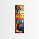 Swing Balcony, Sunset Painting, Framed Canvas Print, cozy seaside, balcony swing view, dreamy boho home decor, tropical romantic sunset wall art