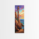 Lighthouse Coastline, Sunset Majestic — Framed Canvas Print, coastal wall art, nautical decor, seascape lighthouse painting, beach house print