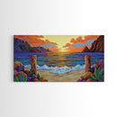 Sunset Beach, Waves, Colorful sunset beach seascape with waves and mountain view, Canvas Print, tropical coastal wall decor