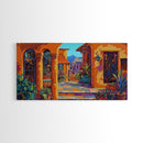 Spanish Courtyard, Colorful Villa Street, Southwest Patio Art, Framed Canvas Print, Mediterranean Home Decor, Rustic Wall Art