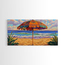 Umbrella Beach, Ocean, Framed Canvas Print, Colorful Beach Umbrella Painting, Retro Coastal Wall Decor, Summer Kitchen Art