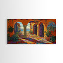 Courtyard Villa, Colorful, Tiles, Framed Canvas Print, Spanish villa artwork, warm terra cotta boho decor, kitchen or hallway wall art