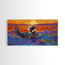 Sunset Loon, Splash, Painting, Framed Canvas Print lakehouse wall art, coastal bathroom decor, vibrant nature print, ocean artwork