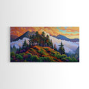 Mountain Trees, Sunset Ridge, Cloudy Peaks, Framed Canvas Print, Nature Inspired Wall Art, Autumn Living Room or Office Decor