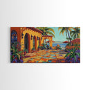 Coastal Patio, Palm View, Sunset, Canvas Print, Mexican beach terrace painting great Entryway Wall Art or Mediterranean Home Decor