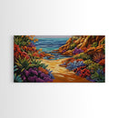 Colorful Beach, Pathway, Painting, Framed Canvas Print vibrant coastal trail wall decor, tropical beach boho art, hallway accent