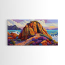 Ocean Cave, Rocky Coast, Lavender Brush, Framed Canvas Print, Bold Nature Wall Art, Vibrant Bedroom or Study Coastal Decor