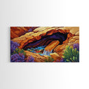 Desert Hidden, Oasis, Waterfall, Framed Canvas Print Nature-inspired boho landscape, colorful living room wall art, southwest decor