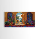 Archway Ocean, Tropical, Framed Canvas Print, Colorful tropical patio view through arch, Mexican coastal decor, Dining Wall Art
