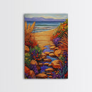 Path Ocean, Flowers, Shoreline, Framed Canvas Print, Bright coastal landscape, colorful wildflower path, Bathroom or Entryway Wall Art