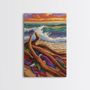 Driftwood Waves, Beach, Sunset, Framed Canvas Print, Coastal stormy beach scene, textured seascape painting, Nautical Bathroom Wall Art