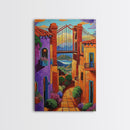 Bridge Street, Sunset, Framed Canvas Print, Colorful Cityscape Wall Art, Vibrant Urban Decor, Boho Architecture Print, Hallway Wall Art
