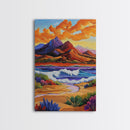 Mountain Coast, Sunset, Bold Desert Landscape Painting, Nature Adventure Art, Office Wall Decor, Framed Canvas Print