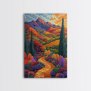 Colorful Mountain, Pathway, Autumn, Framed Canvas Print, Vibrant Fall Landscape Art, Boho Living Room Decor, Nature Wall Painting