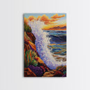 Wave Splash, Cliffside, Sunset, Framed Canvas Print, Bold Ocean Wall Art, Coastal Living Room Decor, Vibrant Beach Seascape Painting