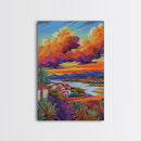 Village Sunset, Clouds, Landscape, Framed Canvas Print, Colorful Scenic Wall Art, Rustic Living Room Decor, Mediterranean Countryside