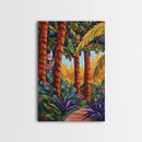 Palm Forest, Jungle Path, Tropical Garden, Canvas Print, exotic greenery, vibrant landscape painting, boho decor, Bathroom Wall Art