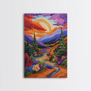Rainbow Over Mountains, Sunset Pine Forest, Vibrant Landscape, Framed Canvas Print, Kids Room Art, Uplifting Boho Style Wall Decor