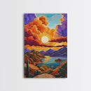 Golden Sky, Mountain Lake, Sunset Clouds, Vibrant Hills — Canvas Print whimsical nature scene, bold landscape wall decor, cozy Autumn vibe