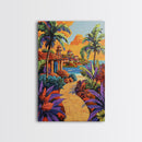 Coastal Village Path, Sunset Vibes, Tropical Getaway, Bright Colors, Framed Canvas Print, Coastal Wall Art, Living Room Decor, Boho Art