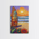 Surfboard Sunset, Ocean View, Floral Beach, Boho Style, Framed Canvas Print, beach lover gift, tropical home decor, coastal living wall art