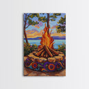 Firepit Sunset, Lake, Campfire, Framed Canvas Print lakeside bonfire painting, cozy outdoor scene, Fall cottage decor, family room wall art