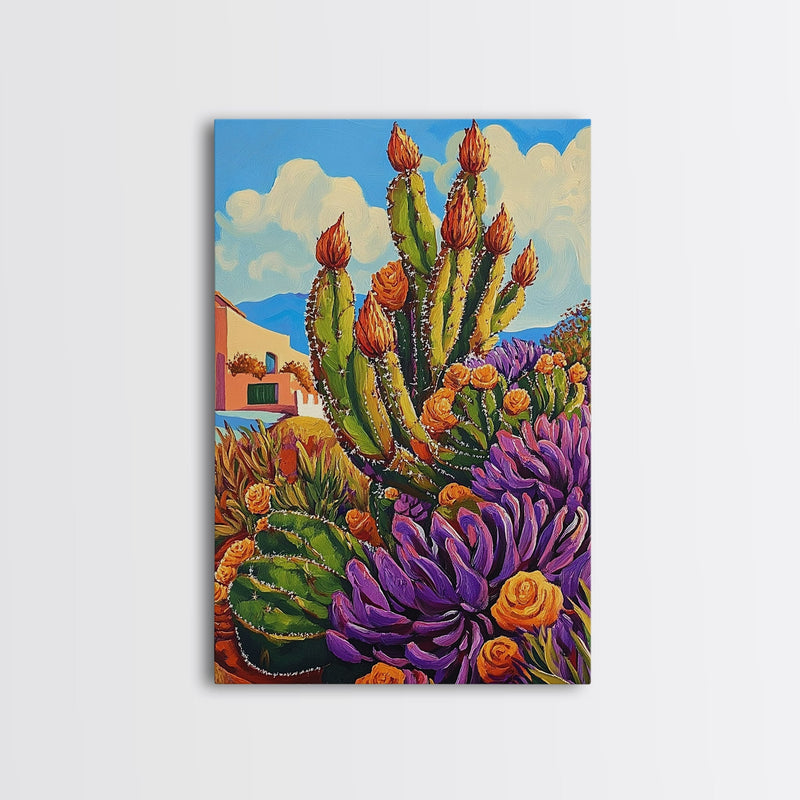 cactus and succulent wall art Cactus Flowers, Desert, Bright Succulent Garden, Framed Canvas Print, Colorful Kitchen Wall Art, Boho Desert Decor, Eclectic Nature Style