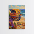 Wagon Ocean, Boho, Beach Scene With Hat Art, Framed Canvas Print, Eclectic Living Room Wall Art, Summer Coastal Decor, Vibrant Colors