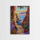 Pathway Ocean, Archway, Colorful Coastal View, Framed Canvas Print, Bohemian Hallway Art, Tropical Escape Decor, Vibrant Travel Scene