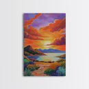 Sunset, Desert, Lake, Landscape, Framed Canvas Print, Vibrant sunset over desert lake with bold skies, perfect Southwest living room wall art
