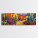 Desert Garden, Adobe Home, Cactus Pathway, Colorful Southwest, Framed Canvas Print, Kitchen Wall Art, Boho Western Decor, Vibrant Desert Scene
