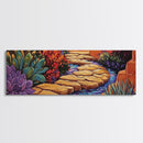 Garden Pathway, Floral Stream Art, Bold Colors, Succulent Garden Style, Framed Canvas Print, Kitchen or Hallway Wall Art