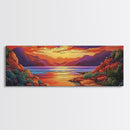 Rocky Sunset, Tranquil Cove, Mountain Glow, Ocean Calm, Framed Canvas Print, vivid sunset art, nature escape, living room decor