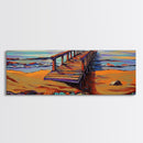 Seaside Pier, Vibrant Coast, Beach View, Framed Canvas Print, coastal artwork, beach house decor, summer vibes, living room art