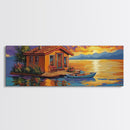 Floating Home, Lake Sunset, Tranquil Retreat, Framed Canvas Print, peaceful wall art, waterfront decor, lakehouse artwork