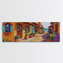 Coastal Village Street, Colorful Adobe Homes, Mediterranean Scene, Framed Canvas Print, Kitchen Wall Art, Rustic Living Room Decor