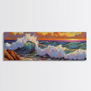 Vibrant Wave Break, Sunset Beach Art, Ocean Surf Decor, Modern Seascape Accent, Living Room Wall, Framed Canvas Print
