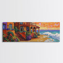 Coastal Villa, Ocean View, Sunset Beach, Canvas Print, Mediterranean house art, colorful seaside decor, boho kitchen art