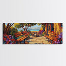 Garden Patio, Seaside Escape, Bright Cottage, Floral Path, Framed Canvas Print, Summer Porch Art, Kitchen Courtyard Painting