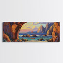 Coastal Archway View, Rocky Beach Sunset, Ocean Serenity, Framed Canvas Print, Nautical Living Room Art, Seaside Escape Scene