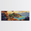 Island Retreat, Ocean View, Palm Trees, Colorful Foliage, Framed Canvas Print, tropical wall art, boho living room accent piece