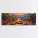 Mountain Campfire Glow, Forest Bonfire Scene, Sunset Wilderness Art, Canvas Print, Autumn Living Room Decor, Rustic Outdoor Vibe