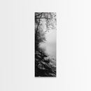Lakeside Mist, Rocky Shoreline, Tranquil Forest, Framed Canvas Print, Peaceful woodland wall art, Fall neutral decor, Nature themed office print